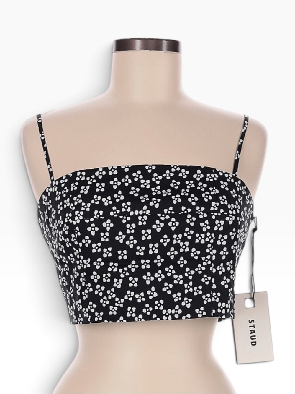 STAUD Federico Tank M Black White Woodblock Floral Smocked Crop Top NWT